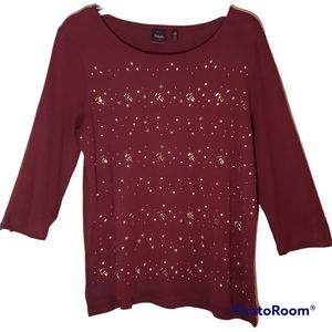 Rafaella women's XL beautiful solid burgundy studed pullover top. 613